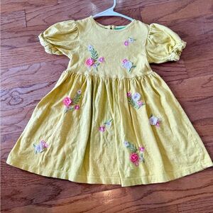 Mini Boden Girl's Embroidered Floral Dress, Yellow, Size 4-5Y